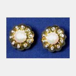 18kt Gold, Cultured Pearl, and Diamond Earclips