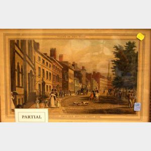 Approximately Thirty-four Framed 19th Century Architectural, Landscape, and Satirical Lithographs