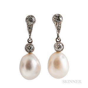 Edwardian Platinum, Natural Pearl, and Diamond Earrings