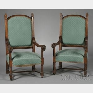 Pair of Victorian Gothic Revival Oak Armchairs