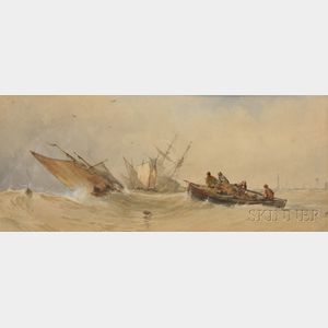 Continental School, 19th Century Fishing Vessels Tossed in Waves