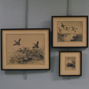 Roland Clark (American, 1874-1957) Three Sporting Etchings: Teal Rising and Two Additional Etchings of Ducks in Flight