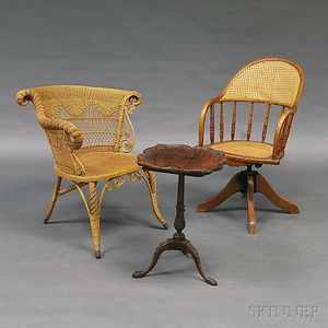 Heywood Brothers Wicker Chair, a Caned Oak Desk Chair, and a Chippendale-style Mahogany Tea Table. 