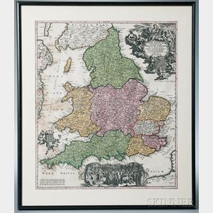 Printed and Hand-colored Map of England "Regnum Angliae,"