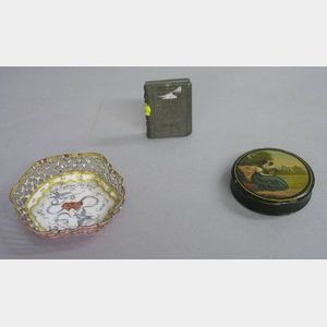 Battersea Enamel Motto Dish, a Small Carved Stone Bible, and a Papier-mache Snuff Box