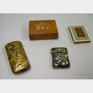 Two Asian Export Card Cases, a Japanese Lacquer Cigar Case, and an Inlaid Burlwood Box/Humidor.