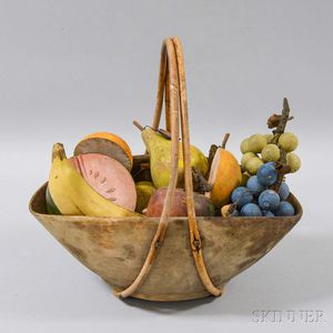 Carved Wooden Basket and Eight Pieces of Fruit