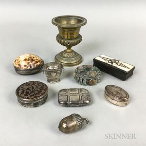 Eight Small Metal Boxes and a Weighted Bronze Urn