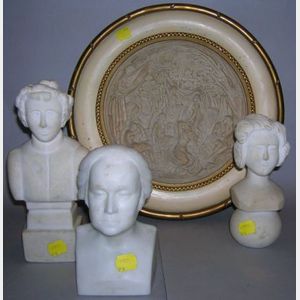 Group of Carvings, two folk-type white marble busts, composition molded bust of Washington and a framed cast-marble plaque of ...