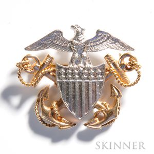 Platinum and Gold Navy Pin, c. mid-20th century, platinum eagle and shield, with crossed gold anchors, ht. 1, wd. 1 1/4 in.