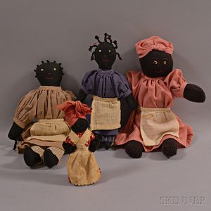 Three Black Rag Dolls and a Tea Bell Yarn Doll