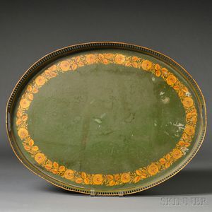Green-painted Floral Gilt-stenciled Oval Tin Tray