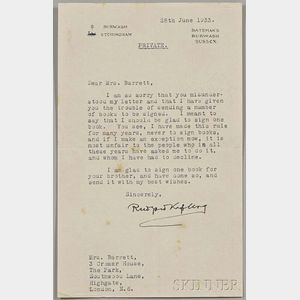Kipling, Rudyard (1865-1936) Typed Letter Signed, Burwash, Sussex, 28 June 1933.