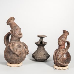 Akan-style Ghana Pottery Vessel and Two Mengbetu Figural Pottery Vessels