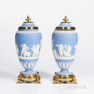Pair of Brass Mounted Wedgwood Light Blue Jasper Vases and Covers