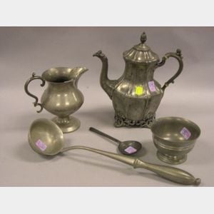 Pewter Ladle, Spoon, Footed Bowl, Coffeepot, and Jug.