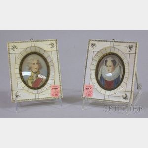 Ivory Framed Hand-painted Miniature Portrait on Ivory of a Lady in a Lace Bonnet and Collar and a Miniature Enh...