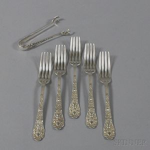 Five Gorham "Medici-Old" Dinner Forks and a Pair of Sugar Nips