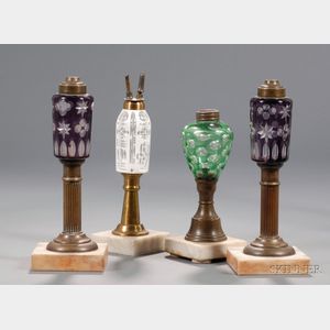 Four Cut Overlay Glass, Brass, and Marble Fluid Lamps