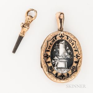 Victorian Low-karat Gold and Enamel Mourning Locket and Watch Key