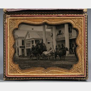 Quarter-plate Ambrotype Street Scene with Stagecoach, Figures, and Buildings