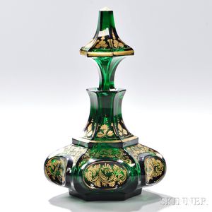Emerald Green and Gilt Blown Molded Cologne with Stopper