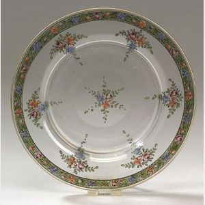 Set of Eleven Continental Enamel-Decorated Colorless Glass Side Plates