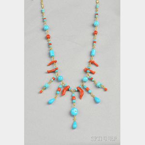 18kt Gold, Turquoise, and Coral Bead Fringe Necklace, Paul Morelli