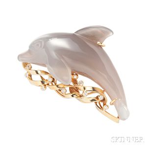 18kt Gold, Hardstone, and Diamond Dolphin Brooch
