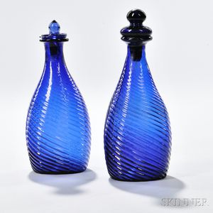 Two Cobalt Blue Three-mold Twisted Glass Cruets