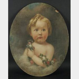 Oval Format Oil Portrait of a Young Child with a Floral Garland