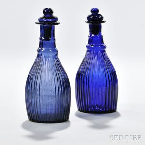 Two Cobalt Blue Three-mold Ribbed Glass Cruets
