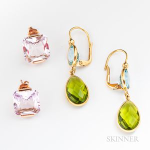 Two Pairs of 14kt Gold and Gem-set Earrings