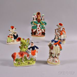 Four Staffordshire Ceramic Spill Vases and a Single Figure