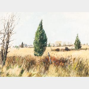 John Hansegger (American, 1908-1989) Grassy Field with Cedars and Distant Homestead