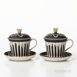 Two Wedgwood Black Jasper Dip Covered Cups and Saucers