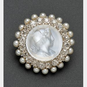 Edwardian Moonstone Cameo Cuvette, Diamond, and Pearl Pendant/Brooch
