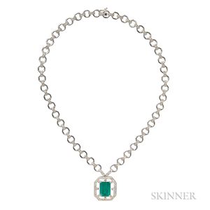 18kt White Gold, Emerald, and Diamond Necklace