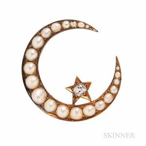 Antique Gold, Split Pearl, and Diamond Crescent Brooch