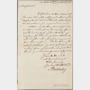 Muhlenberg, Peter (1746-1807) Secretarial Letter Signed, Cumberland, Old Courthouse, 14 September 1782.