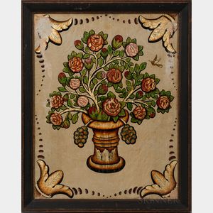 Colored Gold Leaf on Painted Linen Vase of Flowers with Hummingbird