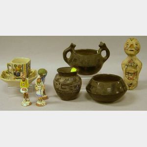 Three Blackware Pottery Items, an Ethnographic Painted Pottery Figure, a Spanish Faience Cup and Saucer, and Three Painted Pottery Figu