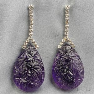18kt White Gold, Carved Amethyst, and Diamond Earpendants