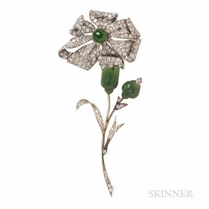 Nephrite and Diamond Flower Brooch