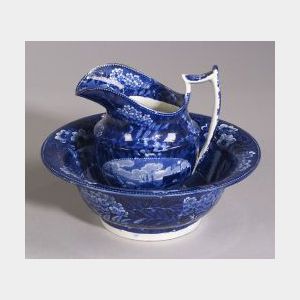 Blue Transfer Decorated Staffordshire Pitcher and Basin