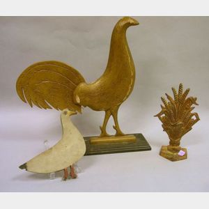 Continental Gilt Gesso and Carved Wood Rooster Figure, a Folk Painted Wooden Bird Figure, and a Cast Metal Sheaf of Wheat Doorstop.