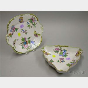 Herend Hand-painted Floral Decorated Porcelain Pastry Tray and Shaped Low Bowl.