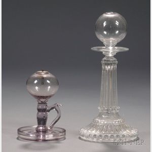 Small Free-blown Amethyst Tinted Glass Hand Lamp and a Blown and Pressed Glass Lamp