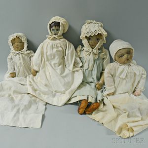 Two Stockinette Missionary Dolls, a Babyland Rag Doll, and an Oilcloth Doll