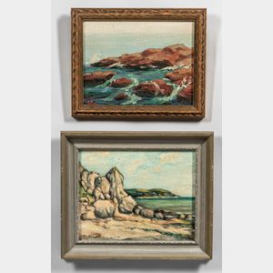 American School, 20th Century Two Small, Framed Coastal Scenes: Rocky Beach with Distant Cliffs